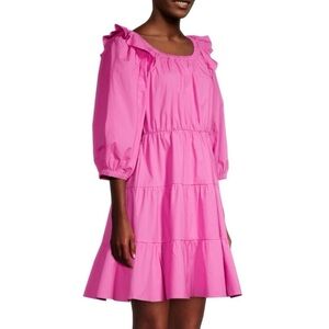 RACHEL PARCELL RUFFLE PUFF SLEEVE OFF THE SHOULDER ORCHID PINK COTTON MINI DRESS
